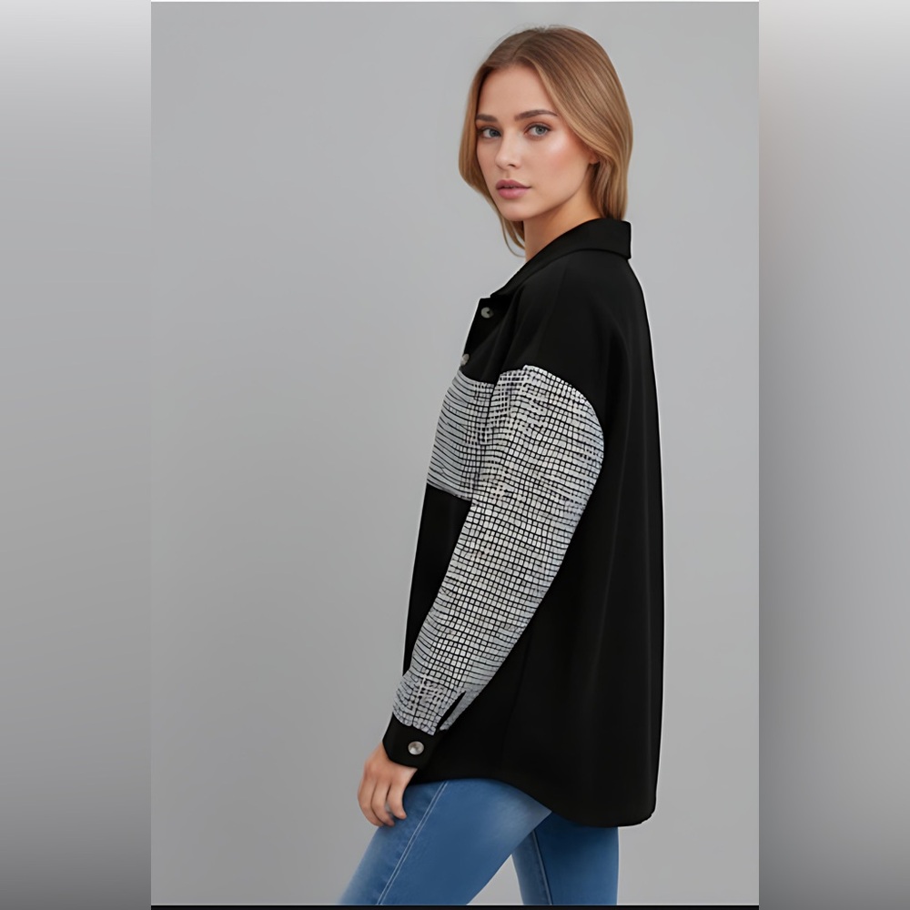 Black Houndstooth Print Drop Shoulder Shacket - Picture 3 of 9